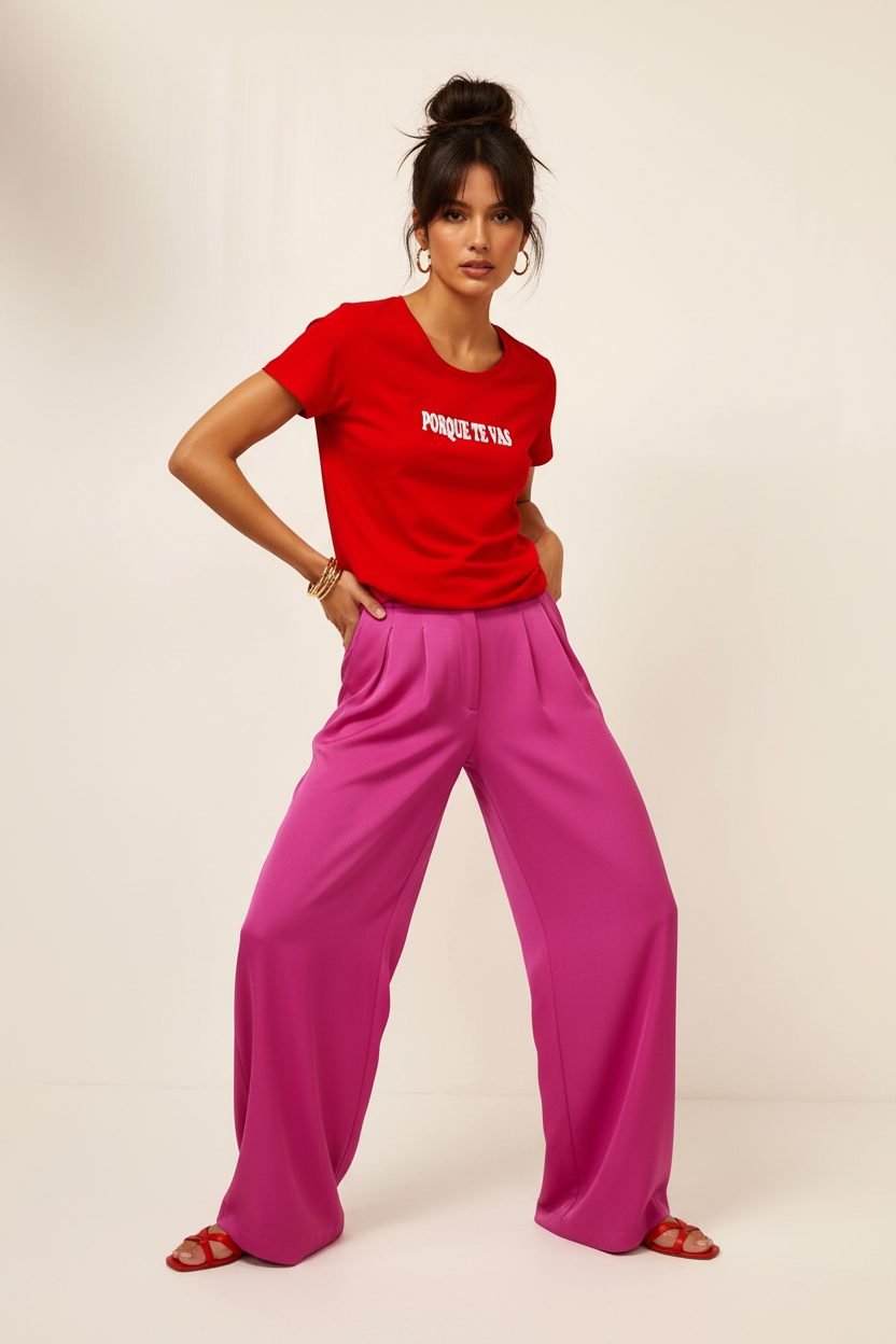 T-shirt PORQUE TE VAS avec pantalon fuscia et sandales rouges